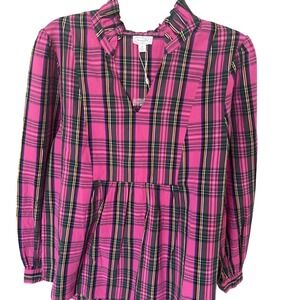 Mud Pie Mitzy Plaid Babydoll Top in pink tartan plaid green gold accents S NWT